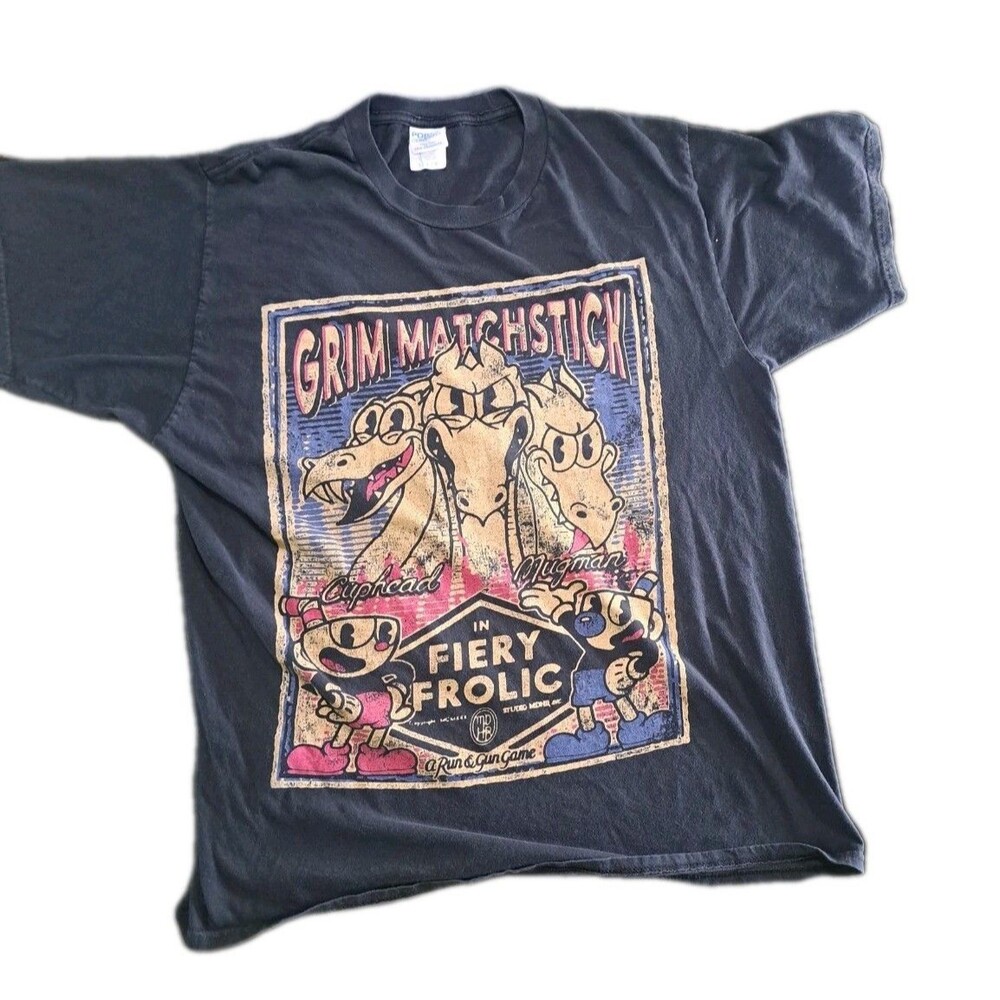 Cuphead Boys Large Graphic T-Shirt Grim Matchstick Fiery Frolic Poster Design